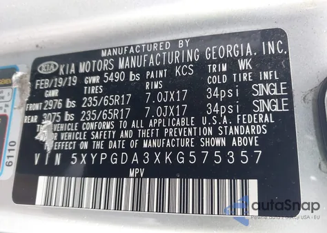 2019 Kia Sorento 2.4L Lx из США, поврежденный, VIN 5XYPGDA3XKG575357